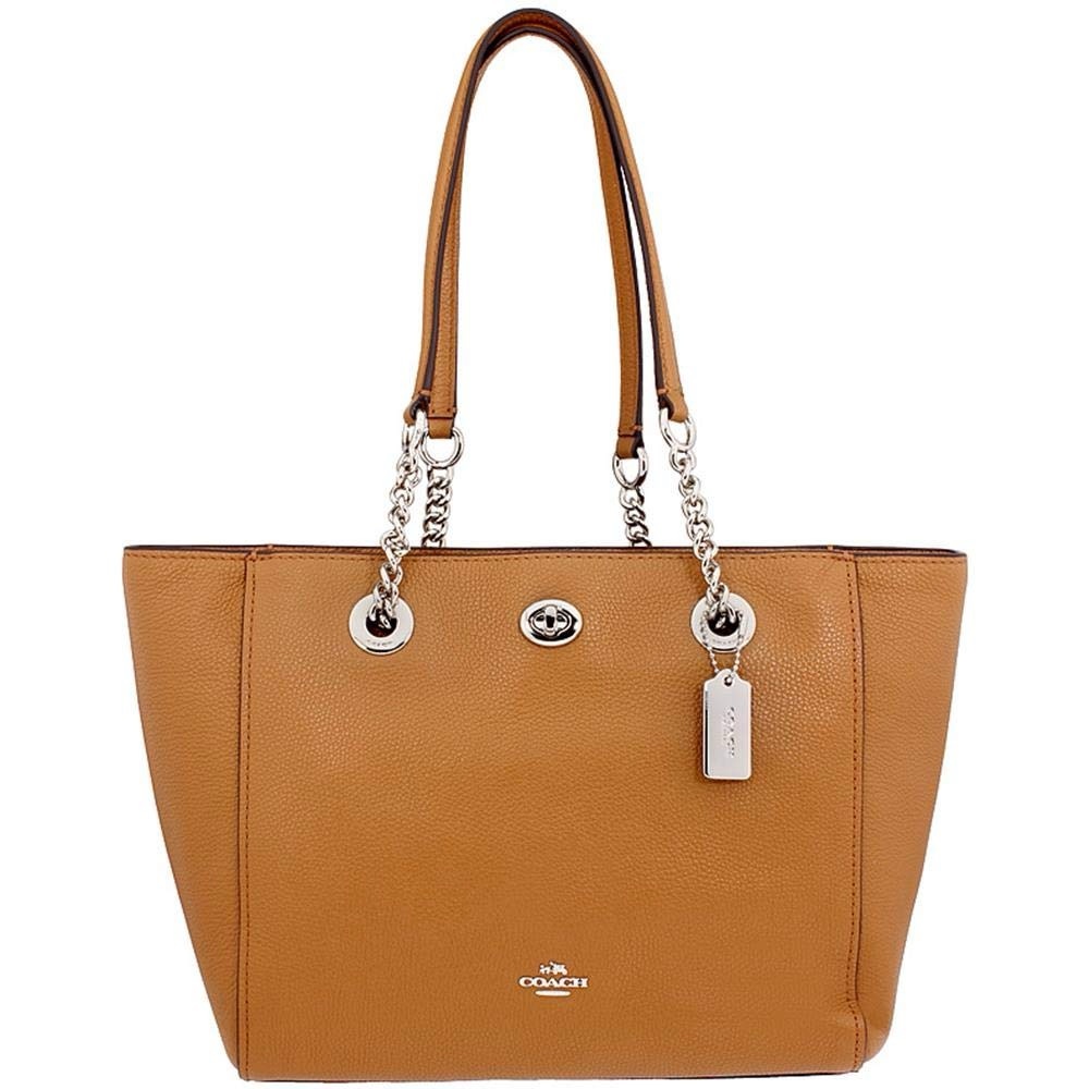 Coach Turnlock Chain Tote Leather in Brown Tan color Bag